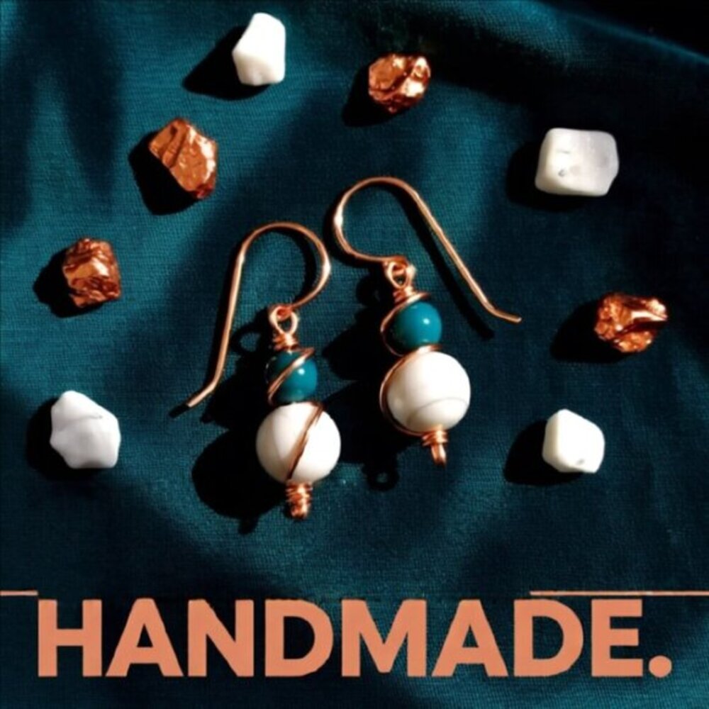 Petrol Blue - Teal Blue & Egg-Shell Cream Stone Beaded Earrings ~ Handmade 4 You